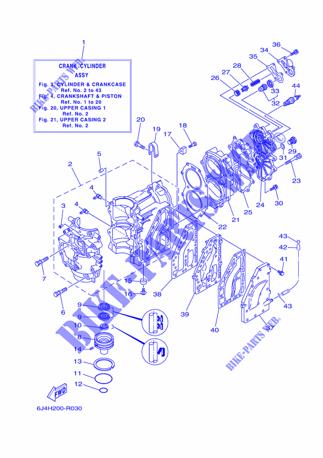 CILINDRO / CARTERS para Yamaha E40G Manual Starter, Tiller Handle, Manual Tilt, Pre-Mixing, Shaft 20