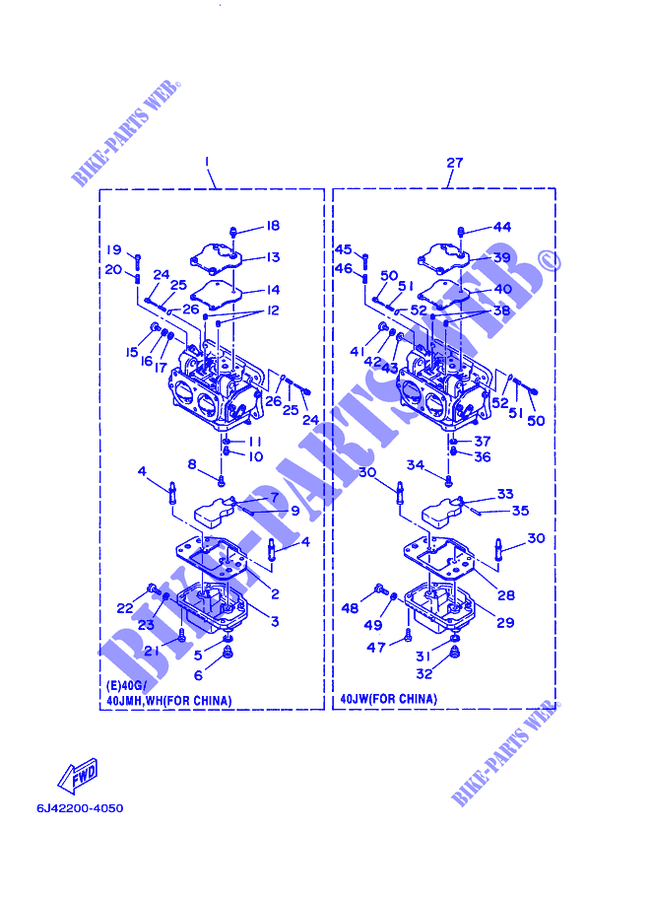 CARBURADOR para Yamaha E40G Manual Starter, Tiller Handle, Manual Tilt, Pre-Mixing, Shaft 15