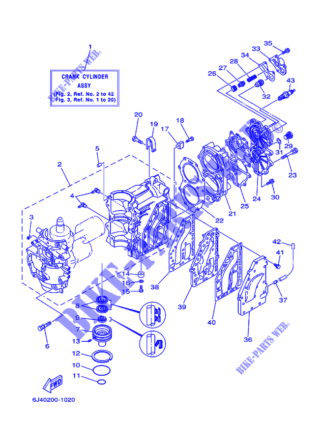 CILINDRO / CARTERS para Yamaha E40G Manual Starter, Tiller Handle, Manual Tilt, Pre-Mixing, Shaft 20
