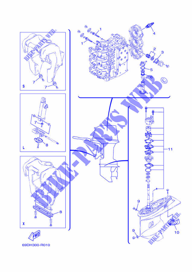 PECAS MANUTENÇÃO para Yamaha E60H Manual Starter, Tiller Handle, Hydro Trim & Tilt, Pre-Mixing, Shaft 20