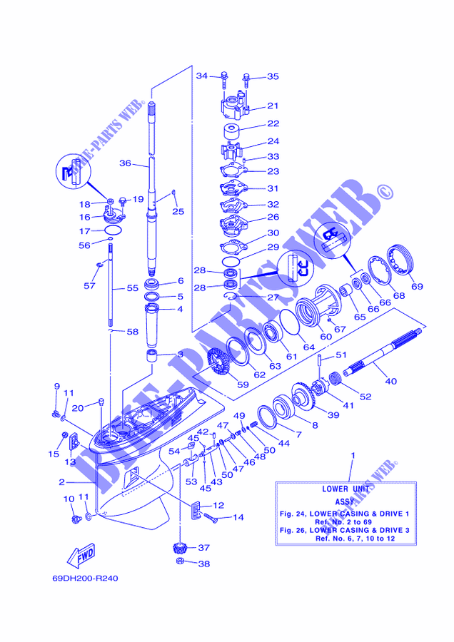 CARTER INFERIOR E TRANSMISSAO 1 para Yamaha E60H Manual Starter, Tiller Handle, Hydro Trim & Tilt, Pre-Mixing, Shaft 25