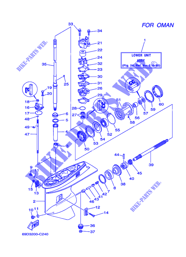 CARTER INFERIOR E TRANSMISSAO 2 para Yamaha E60H Enduro, Manual Starter, Tiller Handle, Hydro Trim & Tilt, Pre-Mixing, Shaft 15