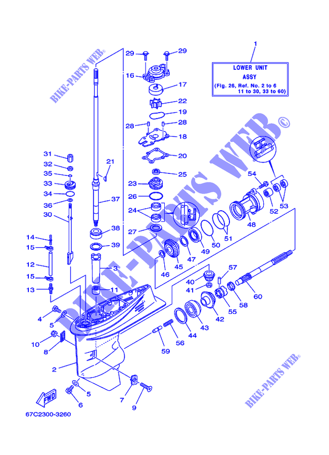 CARTER INFERIOR E TRANSMISSAO 1 para Yamaha F40B Manual Starter, Tiller Handle, Hydro Trim & Tilt, Shaft 20