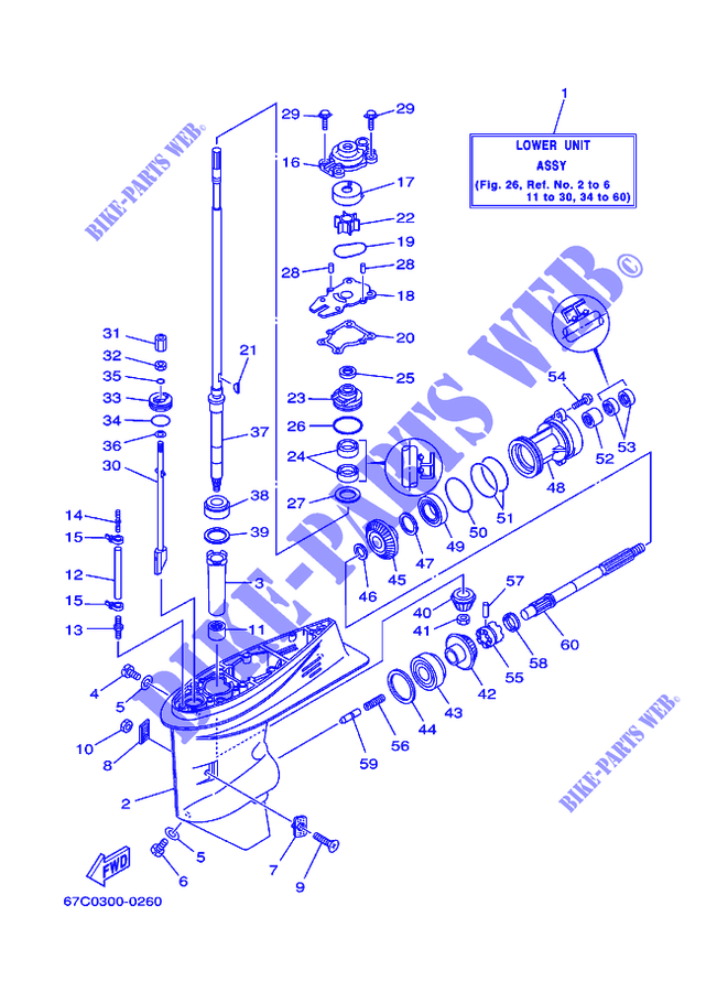 CARTER INFERIOR E TRANSMISSAO 1 para Yamaha F40M Manual Start, Manual Tilt, Tiller Handle, Shaft 20