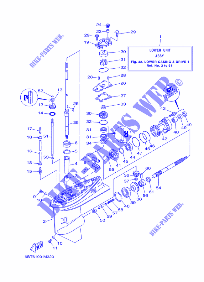 CARTER INFERIOR E TRANSMISSAO 1 para Yamaha F40F Electric Starter, Remote Control, Power Trim & Tilt, Shaft 20